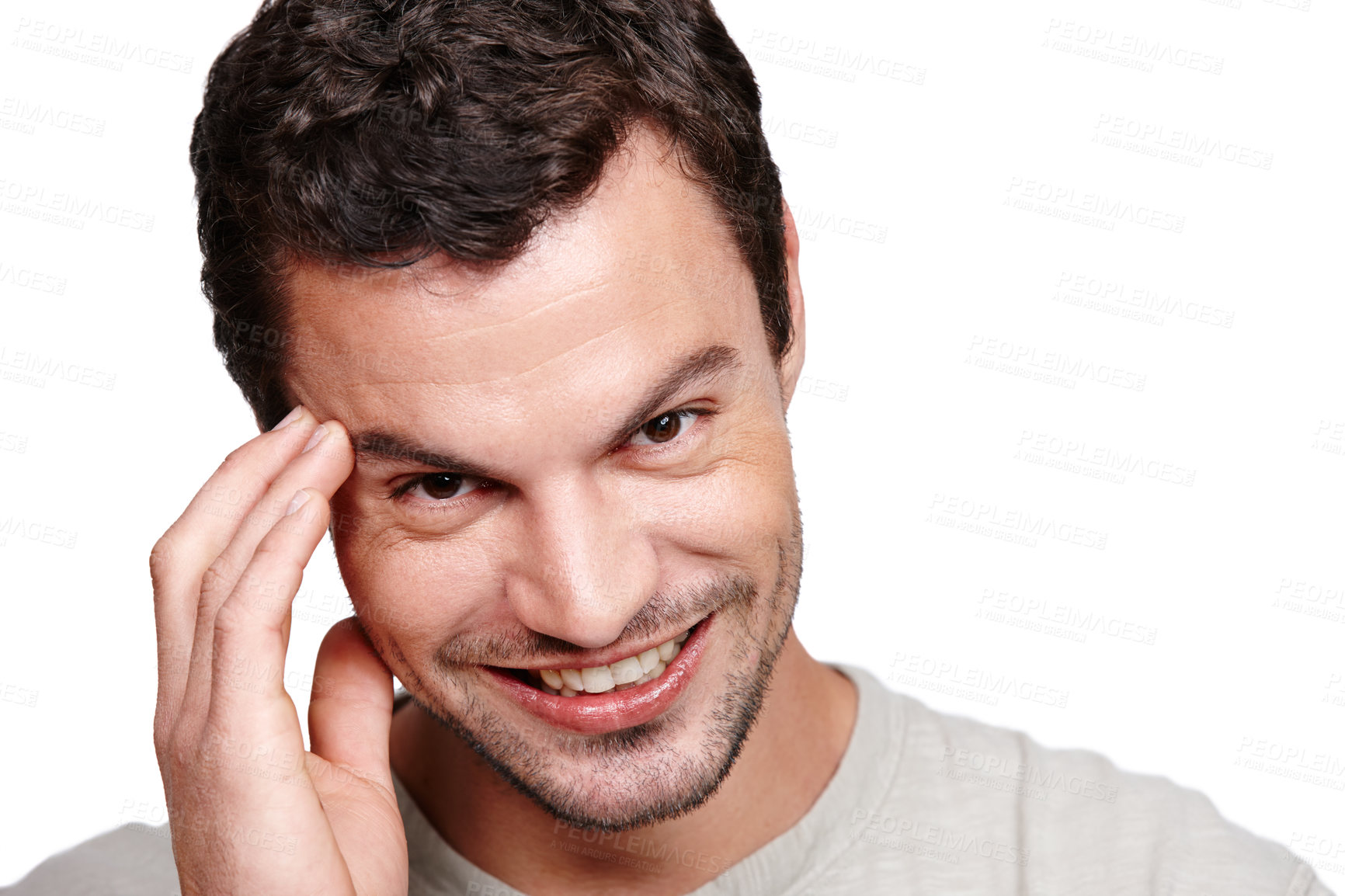 Buy stock photo Happy, handsome and portrait of a man with a smile, sexy and confident isolated on a white background. Happiness, positive and face of a model smiling with confidence and style on a studio background