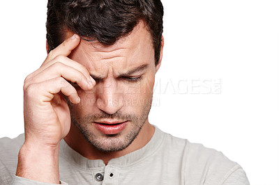 Buy stock photo Man, headache and stress face in studio for depression, mental health and burnout anxiety in white background. Person, head pain and hands frustrated, worried or tired closed eyes isolated in studio