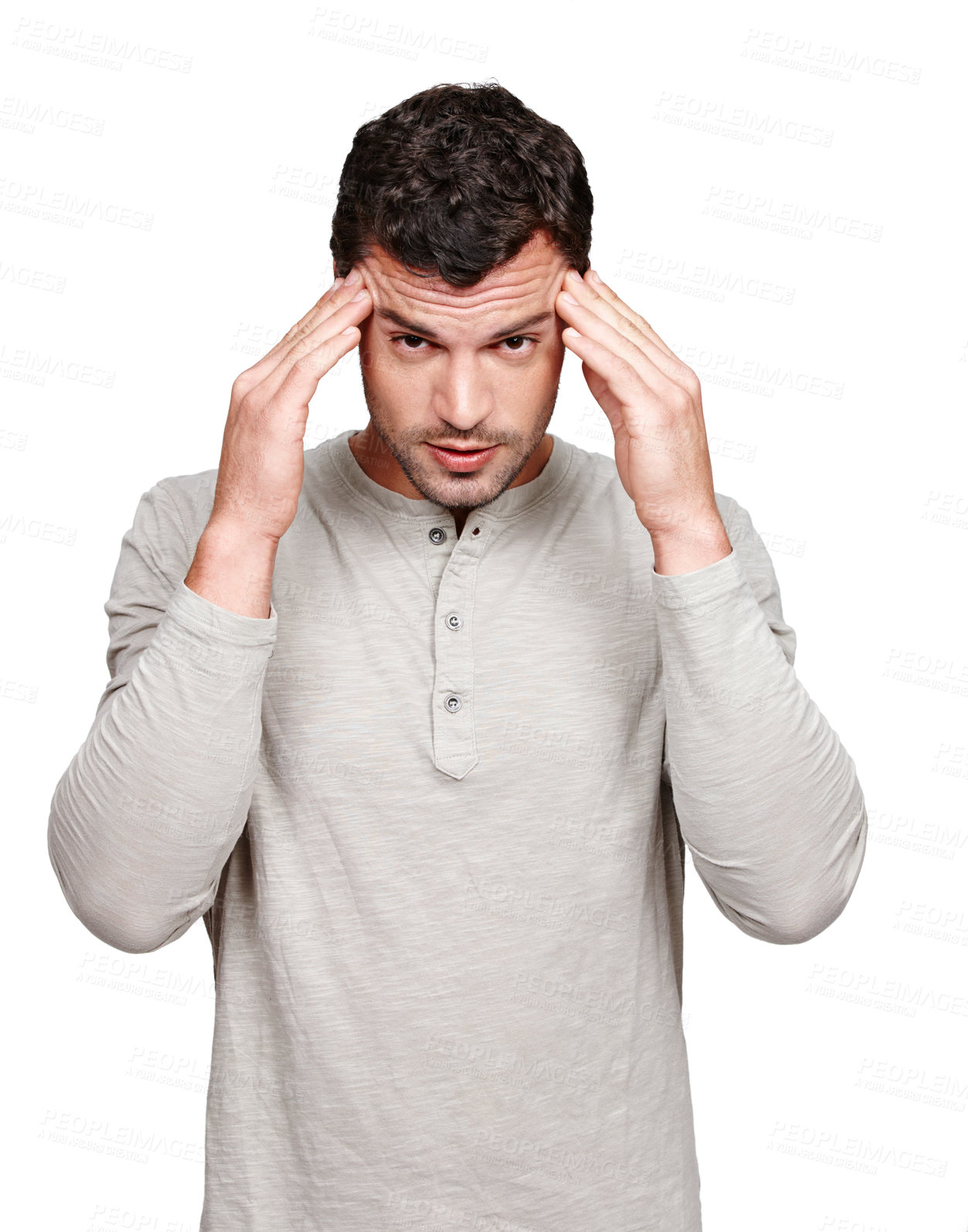 Buy stock photo Mental health, headache and studio portrait of man with anxiety problem, burnout fatigue and depressed over mistake. Medical healthcare crisis, sad depression and model migraine on white background
