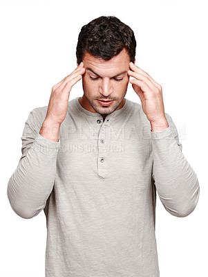 Buy stock photo Mental health, stress headache and studio man with anxiety problem, burnout fatigue and depressed over fail mistake. Medical healthcare crisis, sad depression and model migraine on white background