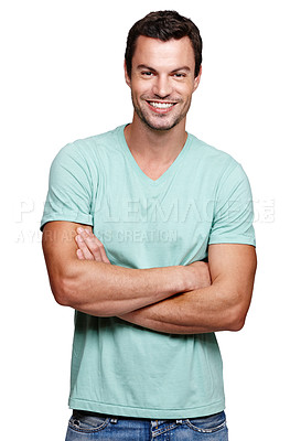 Buy stock photo Handsome, portrait and man with crossed arms in a studio with a casual, cool and stylish outfit. Happy, smile and young male model from Brazil with a trendy fashion style isolated by white background