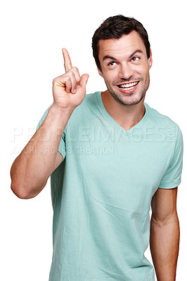 Buy stock photo Idea, thinking and man pointing hand with excited smile for happiness with strategy in studio. Confident brainstorming and ideas of happy model contemplating on isolated white background.

