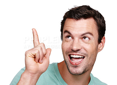 Buy stock photo Funny, comic and face of a man with a hand isolated on a white background in studio. Crazy, thinking and excited cool person with an idea pointing, happiness and smile on a studio background