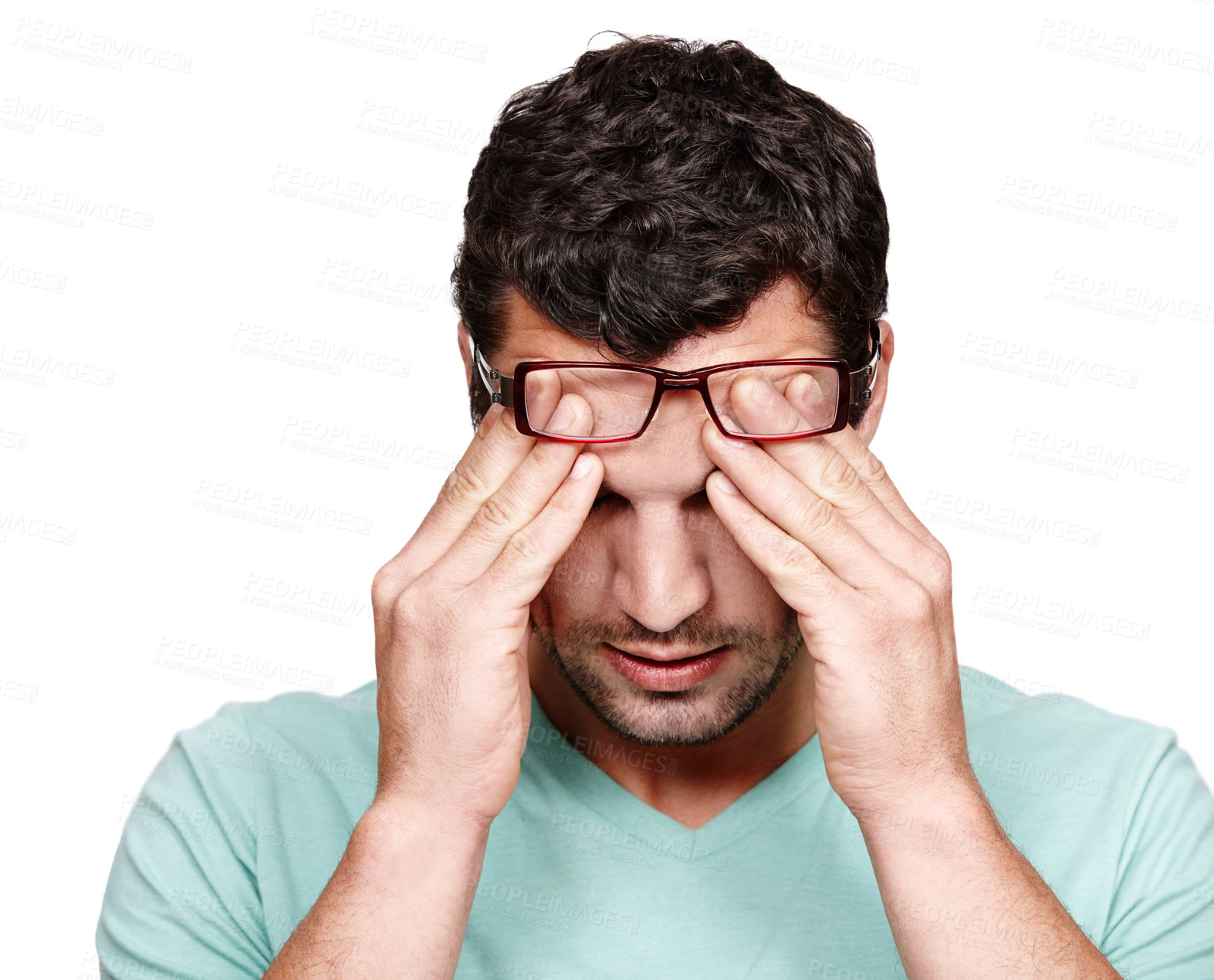 Buy stock photo Mental health, headache and face of studio man with anxiety problem, burnout fatigue and depressed over mistake. Medical healthcare crisis, sad depression and model with stress on white background
