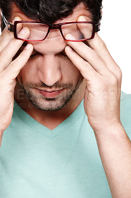 Buy stock photo Mental health, depression and face of studio man with anxiety problem, burnout fatigue and depressed over mistake. Medical healthcare crisis, headache and sad model with migraine on white background