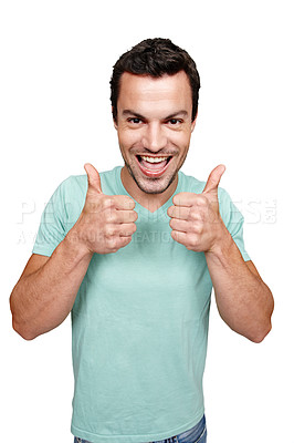 Buy stock photo Portrait, thumbs up and review with a man in studio isolated on a white background as a winner or for motivation. Thank you, goal and target with an excited man showing a positive hand sign or emoji