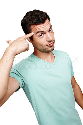 Buy stock photo Idea, thinking and man pointing at head, brainstorming creative startup project isolated on white background. Innovation, business mindset and smart guy with ideas for solution in studio portrait.