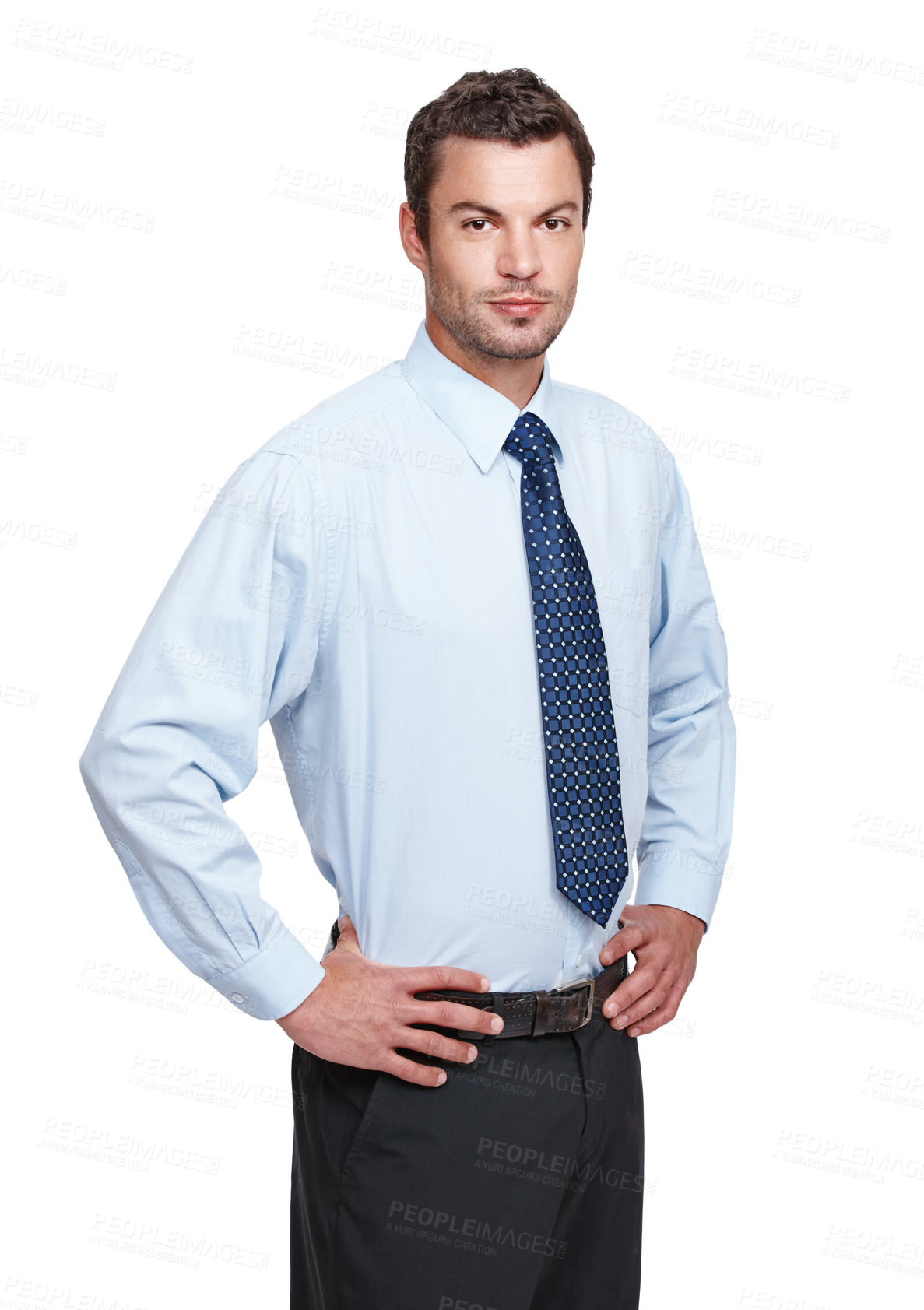 Buy stock photo Business, man and studio or confident portrait, office worker and employee on white background for corporate company. Professional, career and hand on hip with accountant, financial advisor or pride