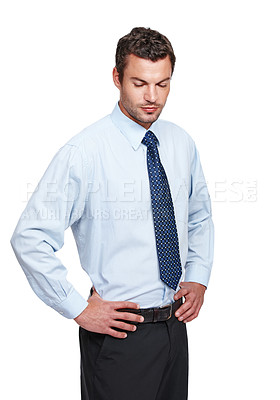 Buy stock photo A businessman with his eyes closed isolated on a white background