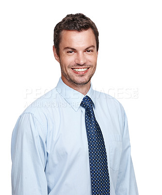 Buy stock photo A handsome businessman in a shirt and tie smiling at you on a white background