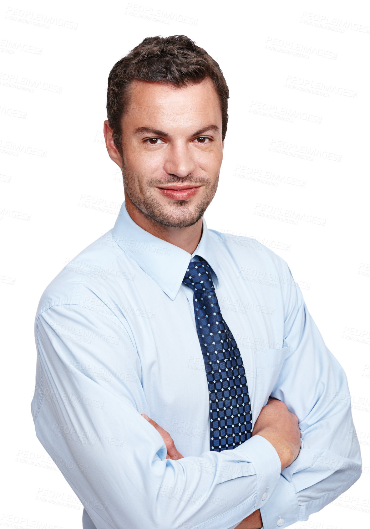 Buy stock photo Portrait, arms crossed and businessman with smile for professional, legal career and mockup in studio. Male person, happy lawyer and confidence for office job, isolated and space by white background