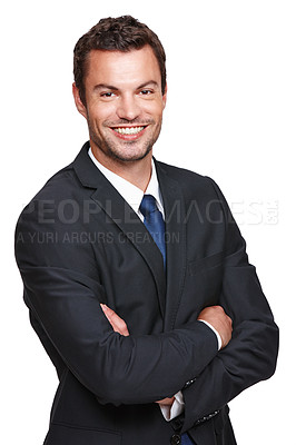 Buy stock photo A handsome young businessman crossing his arms while isolated on a white background