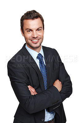 Buy stock photo A handsome young businessman crossing his arms while isolated on a white background