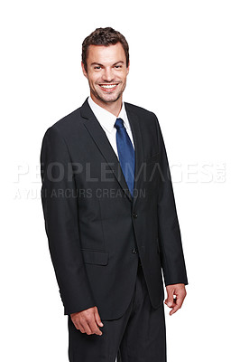 Buy stock photo Portrait of a handsome young businessman standing on a white background