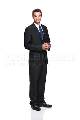 Buy stock photo Full length of a young businessman in a suit isolated on a white background