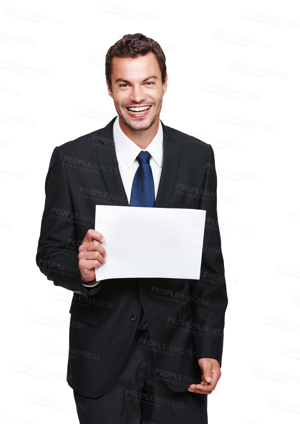 Buy stock photo A handsome young businessman holding a placard while isolated on a white background