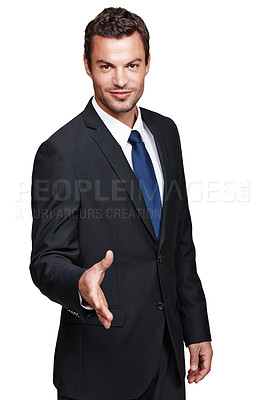 Buy stock photo A happy businessman offering you his hand while isolated on a white background