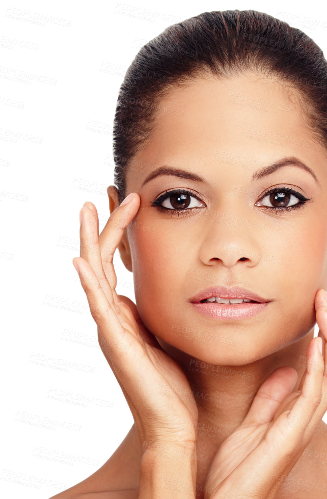 Buy stock photo Cropped portrait of a beautiful woman touching her flawless skin