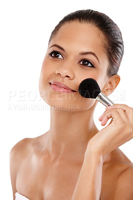 Buy stock photo Cropped view of a young woman using some blusher on her cheeks