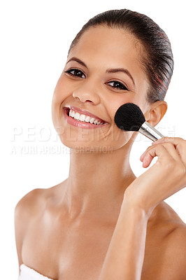 Buy stock photo Happy woman, portrait and brush for makeup in studio, beauty and apply powder on white background. Female person, foundation and cosmetic tool for highlighter or blush, skincare and makeover product