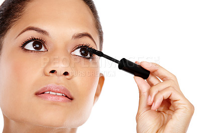 Buy stock photo Woman, mascara wand and lashes in studio for beauty, makeover and application on white background. Female person, cosmetic tool and skincare for grooming, makeup treatment and brush for dermatology