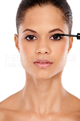 Buy stock photo Woman, mascara volume and studio portrait for beauty, makeover and application on white background. Female person, cosmetic tool and skincare for grooming, lashes treatment and brush for dermatology