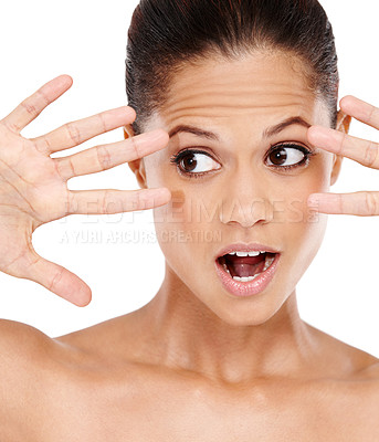 Buy stock photo Hands, surprise and woman with beauty in studio for skincare treatment, results and shine. Spa, idea and person with gesture of shock for dermatology, glow and announcement on white background