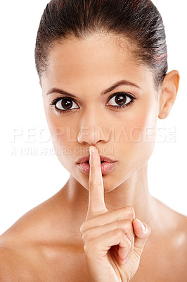 Buy stock photo Woman, portrait and beauty with secret for skincare, makeup or cosmetics on a white studio background. Young female person or model with finger on lips for whisper on confidential treatment or facial