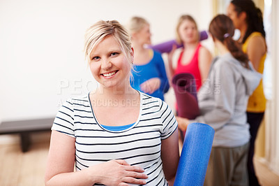 Buy stock photo Woman, pregnant and maternity exercise with group of friends, smile or face for pregnancy pilates. Yoga, fitness or studio for portrait of happy people, prenatal or person for health or support