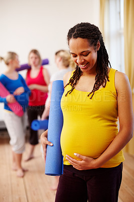 Buy stock photo Woman, stomach and maternity class with mat and friends, group or face for pregnancy pilates. Yoga, fitness or tummy for flexibility and happy people, prenatal or exercise for health or support