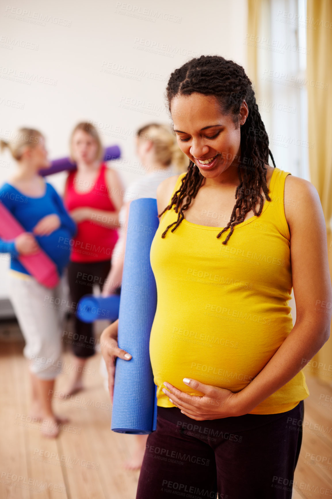 Buy stock photo Woman, stomach and maternity class with mat and friends, group or face for pregnancy pilates. Yoga, fitness or tummy for flexibility and happy people, prenatal or exercise for health or support