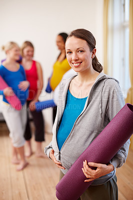 Buy stock photo Pregnant, woman and exercise class with mat and friends, group or face for pregnancy pilates. Yoga, fitness or tummy for wellness and happy people, prenatal or maternity for health or support