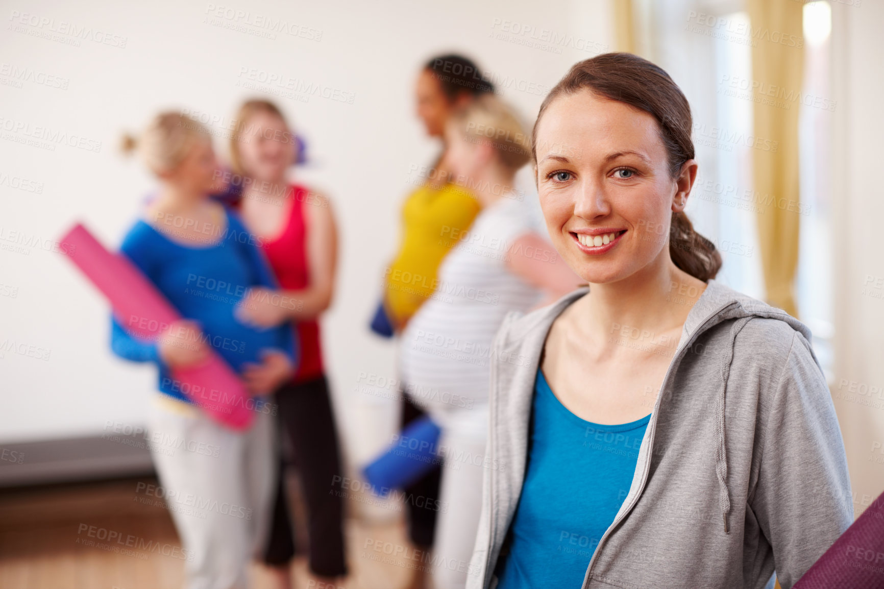 Buy stock photo Portrait, woman and exercise class with friends, group or face for pregnancy pilates. Yoga, fitness or tummy for flexibility and happy people, prenatal or maternity workout for health or support