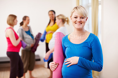 Buy stock photo Pregnant, yoga and portrait of woman in class for prenatal exercise, development and self care. Happy, pregnancy and female person with mat at session for health, wellness and preparation for labor