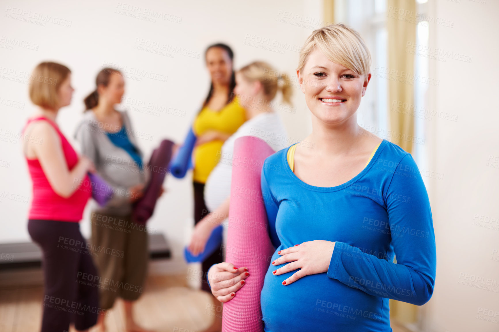 Buy stock photo Pregnant, yoga and portrait of woman in class for prenatal exercise, development and self care. Happy, pregnancy and female person with mat at session for health, wellness and preparation for labor