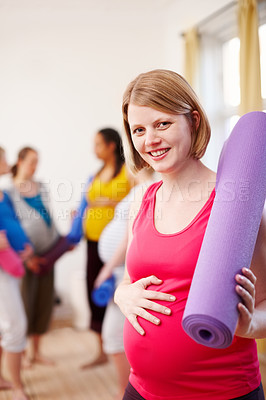 Buy stock photo Pregnant, woman and yoga class with friends, mat and face for pregnancy pilates. Yogi, fitness and group for flexibility and happy people, portrait or maternity workout for health or support together