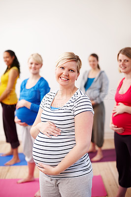 Buy stock photo Pregnancy, yoga and portrait of woman in class for prenatal exercise, development and self care. Happy, pregnant and female person with mat at session for health, wellness and preparation for labor