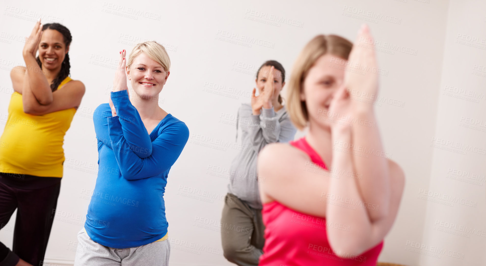 Buy stock photo People, women and pregnant with smile for exercise in class for fitness, training and workout for health. Gym instructor, maternity and happy in group for stretching, balance and cardio for self care