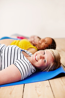 Buy stock photo Meditation, portrait and pregnant woman on floor for relax, group and class for zen in studio. Yoga, pregnancy pilates and community with female people, spiritual or mindfulness for health together