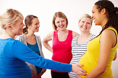 Buy stock photo People, women and happy with pregnancy in support group or class for fitness, training and workout for health. Gym, pregnant and smile for maternity for stretching, balance and cardio for self care