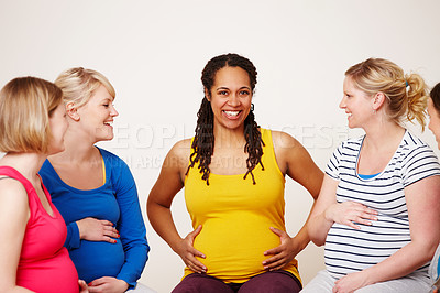 Buy stock photo Woman, group and support for pregnancy class, together and smile for unity and prenatal advice. Friends, portrait and female people for child birth, communication and trust for bonding in community