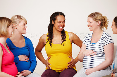 Buy stock photo Woman, group and friends for pregnancy class, together and smile for unity and prenatal advice. Discussion, happy and female people for child birth, communication and trust for diversity in community