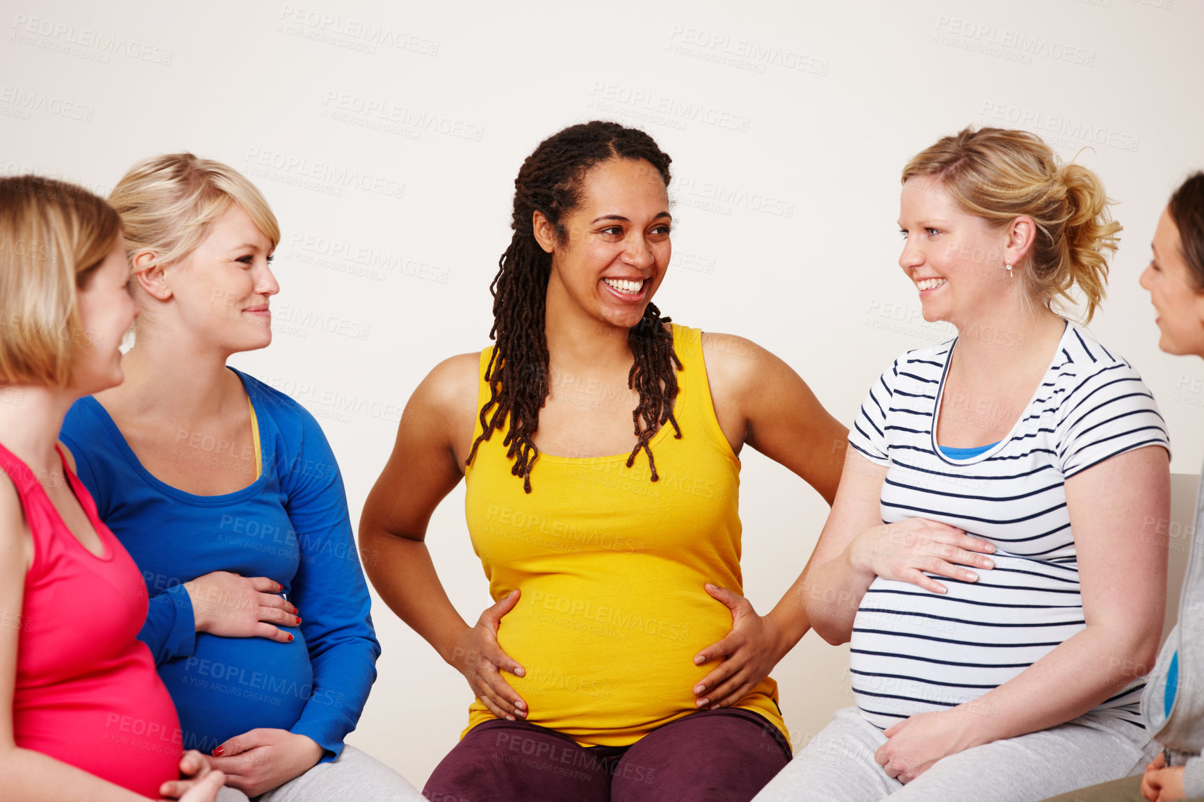 Buy stock photo Woman, group and friends for pregnancy class, together and smile for unity and prenatal advice. Discussion, happy and female people for child birth, communication and trust for diversity in community