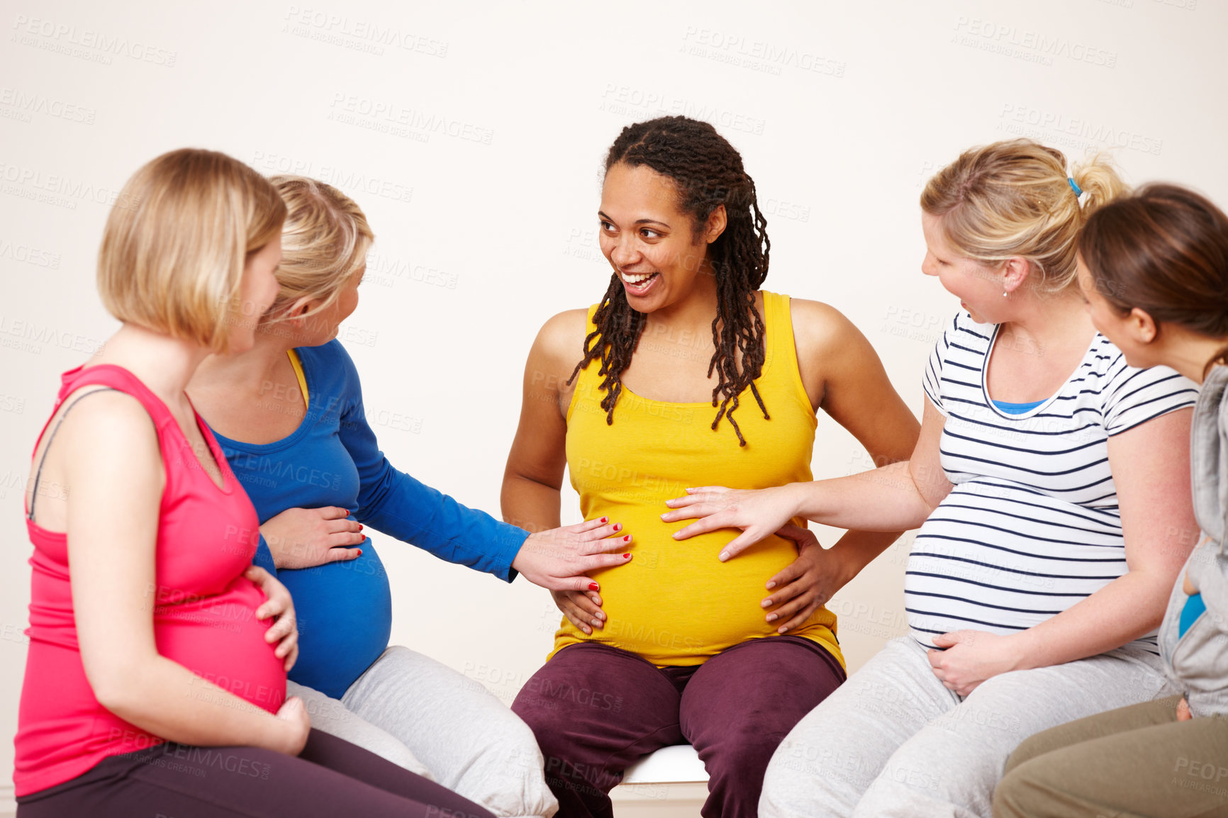 Buy stock photo People, women and pregnant with laughing in support group or class for fitness, training and workout for health. Gym, pregnancy and happy or smile for maternity, wellness and self care with cardio