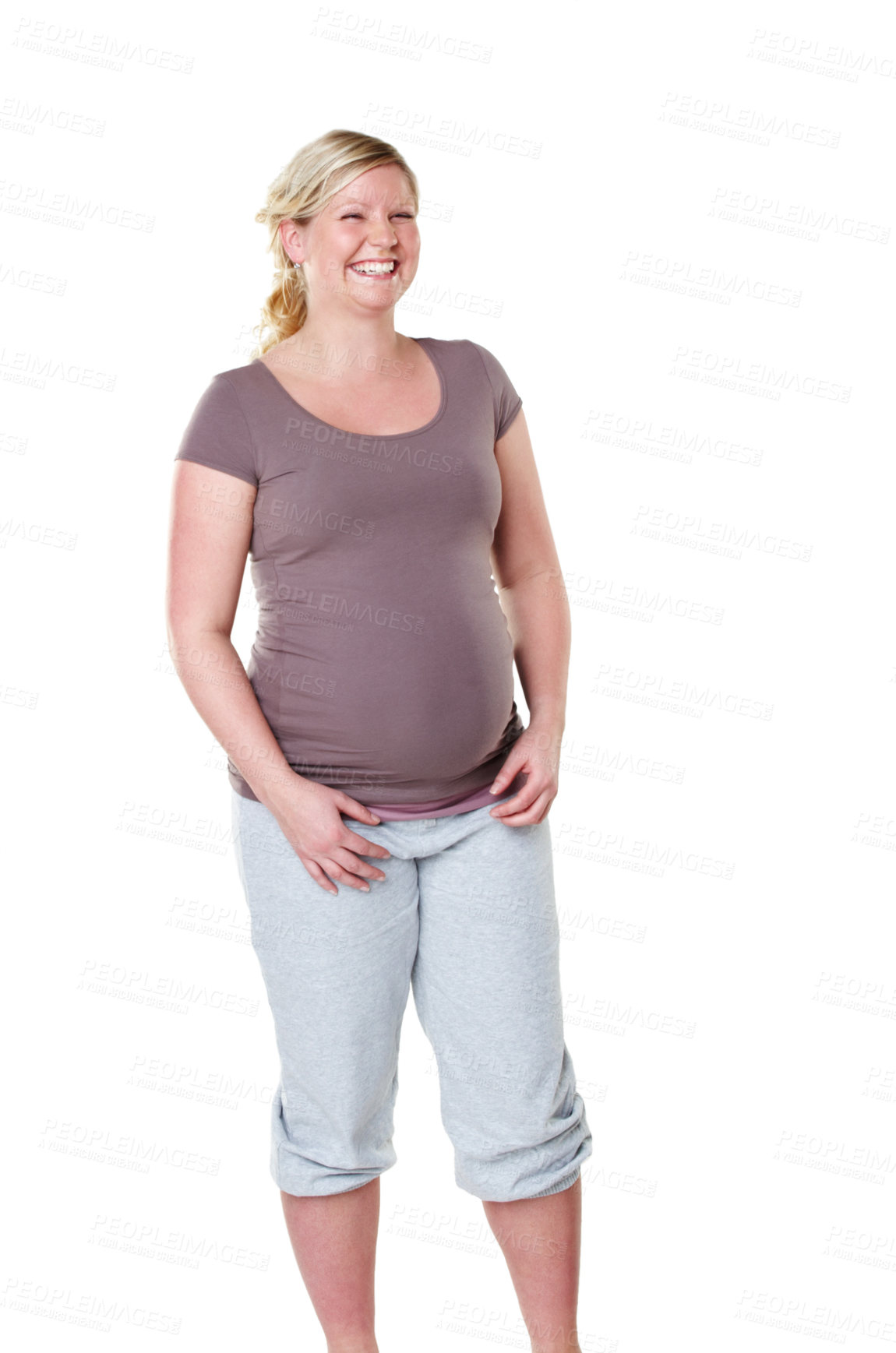 Buy stock photo Woman, pregnant and smile in studio portrait, fashion or excited for baby by white background. Person, happy and ready for motherhood with pride, confidence and maternity clothes for comfort