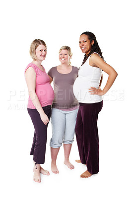 Buy stock photo Diversity, pregnancy and portrait of women in studio for support, wellness and care or love. Community, friends and happy mothers by white background for development, health and growth for children