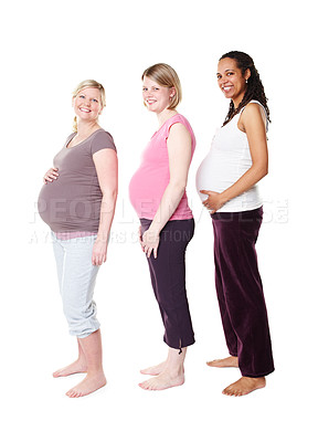 Buy stock photo Portrait, pregnancy and happy women in studio for support, wellness and care or love. Community, friends and together or mothers by white background for development, health and growth for children