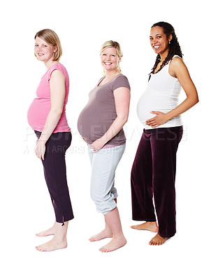 Buy stock photo Pregnant women, friends and happy mothers or people celebrating motherhood on studio background. Portrait, health and pregnancy with a smile ready or hope for child birth, kids or children or baby.
