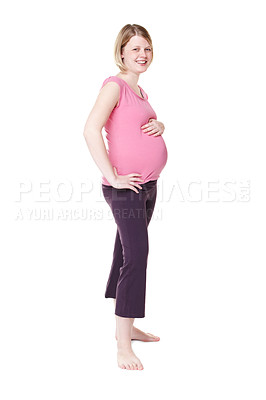 Buy stock photo Happy woman, portrait or pregnancy in studio with healthy baby growth, wellness or pregnant person. Body development, smile or proud mother to be holding abdomen, tummy or belly on white background