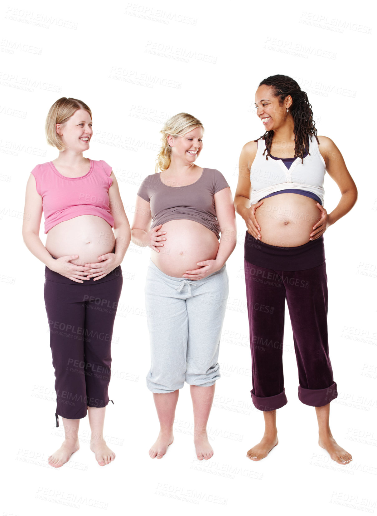 Buy stock photo Future mother, girl friend and pregnant support group show pregnancy stomach with a happy smile. Maternity women empowerment of woman friends with happiness, healthy trust and community support